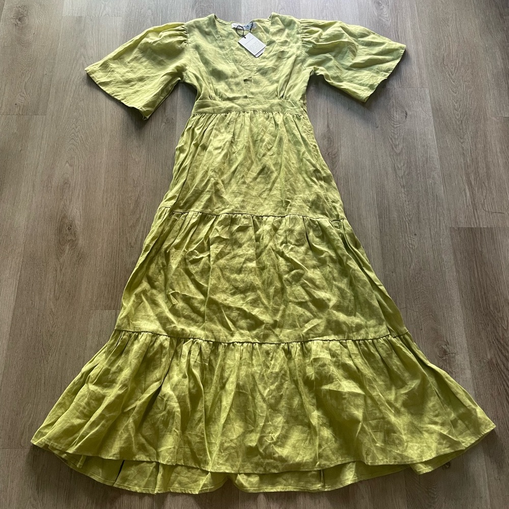 lusana brooklyn sage green wide sleeve tiered linen maxi dress size small new